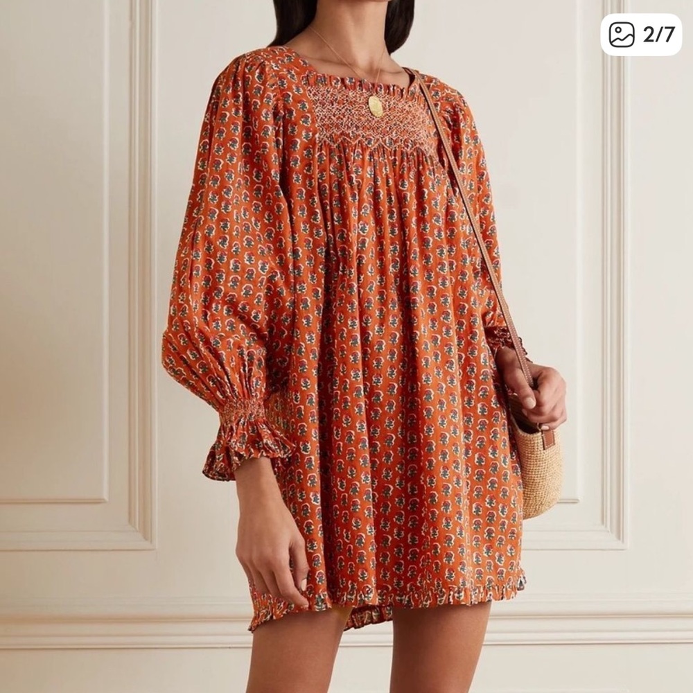 Doen Orange Floral Smocked Mini Dress